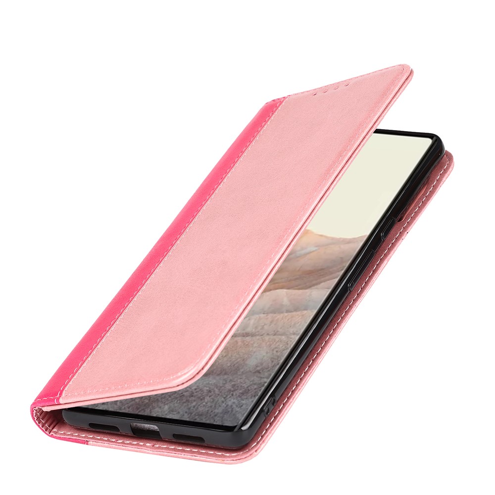 For Google Pixel 6 Auto-absorbed Bi-color Splicing Stylish Anti-scratch Leather Wallet Phone Case with Stand - Rose Gold/Rose-8