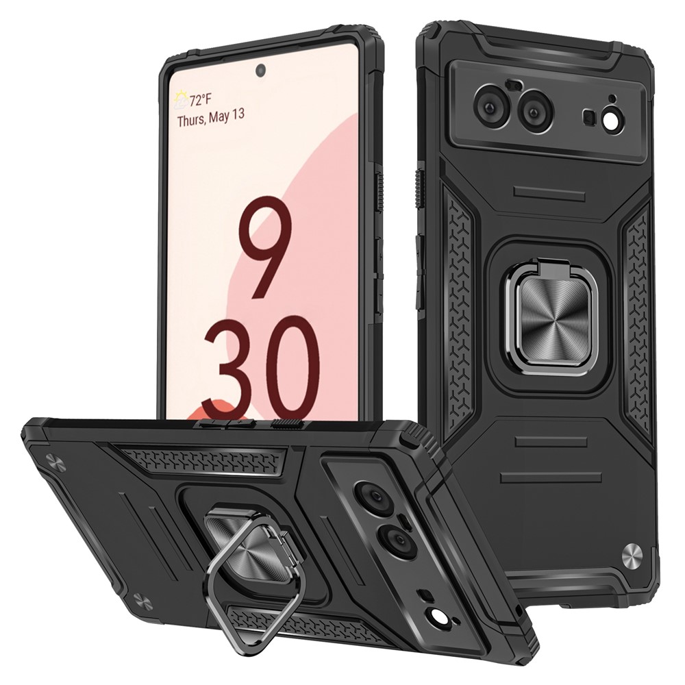 Soft Flexible TPU Hard PC Shock-Absorption Cover Protective Cell Phone Case with Ring Holder Kickstand for Google Pixel 6 - Black-1