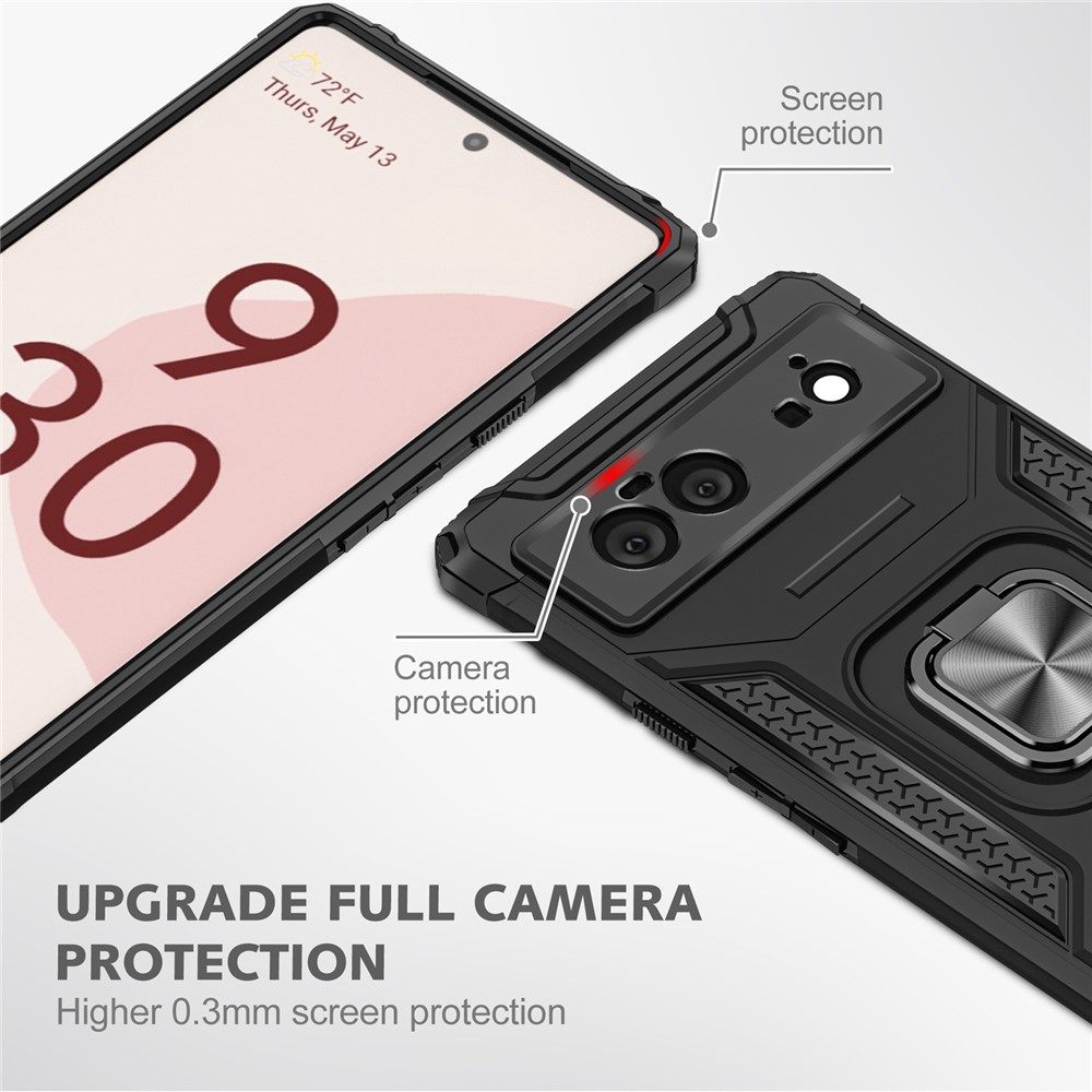 Soft Flexible TPU Hard PC Shock-Absorption Cover Protective Cell Phone Case with Ring Holder Kickstand for Google Pixel 6 - Black-2