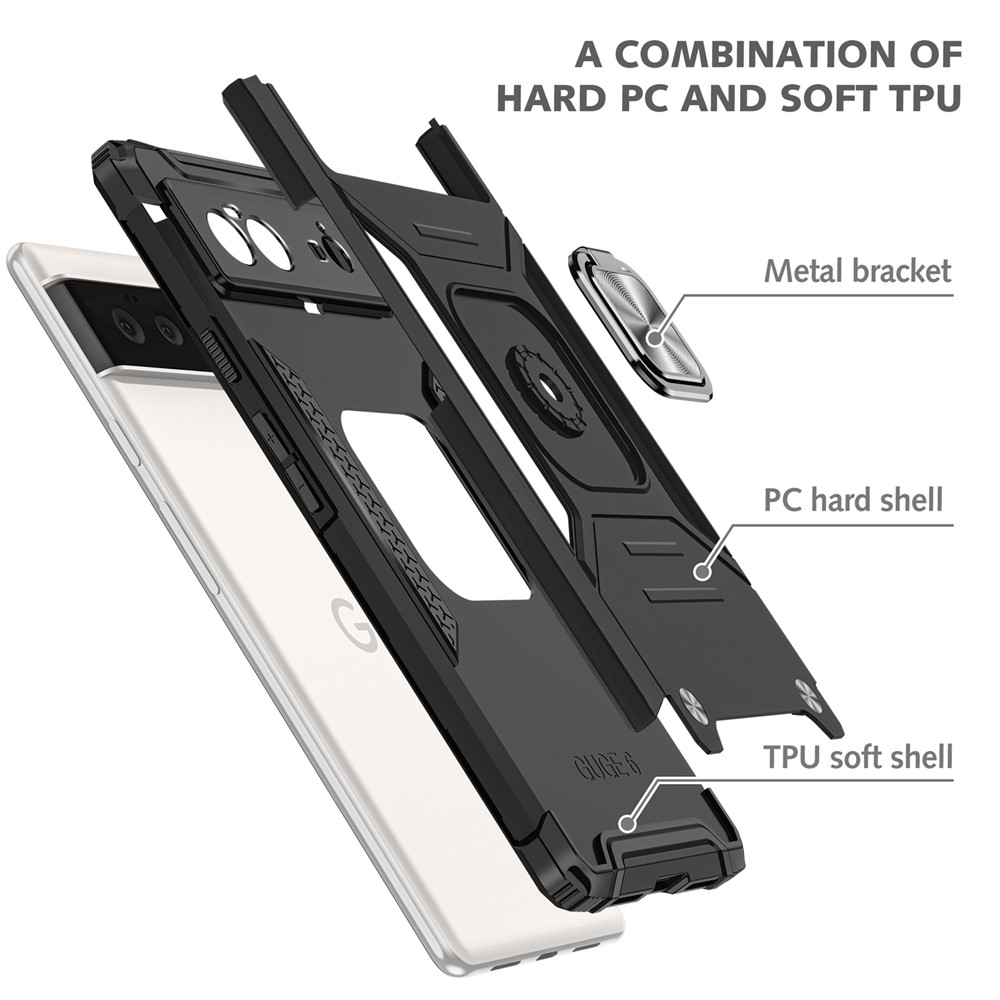 Soft Flexible TPU Hard PC Shock-Absorption Cover Protective Cell Phone Case with Ring Holder Kickstand for Google Pixel 6 - Black-3