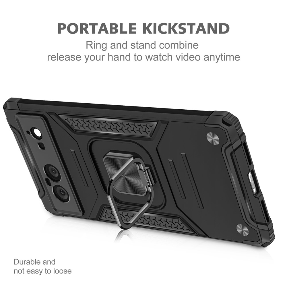 Soft Flexible TPU Hard PC Shock-Absorption Cover Protective Cell Phone Case with Ring Holder Kickstand for Google Pixel 6 - Black-4