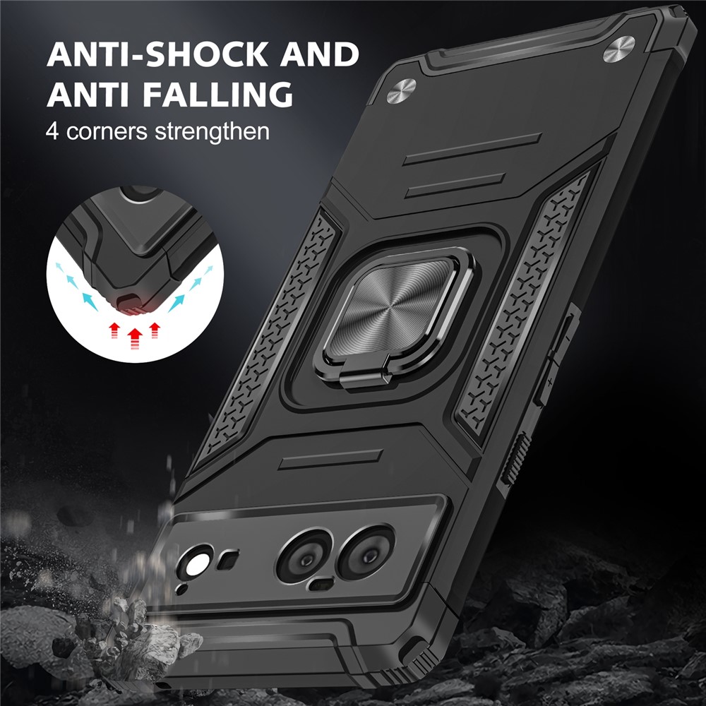 Soft Flexible TPU Hard PC Shock-Absorption Cover Protective Cell Phone Case with Ring Holder Kickstand for Google Pixel 6 - Black-7