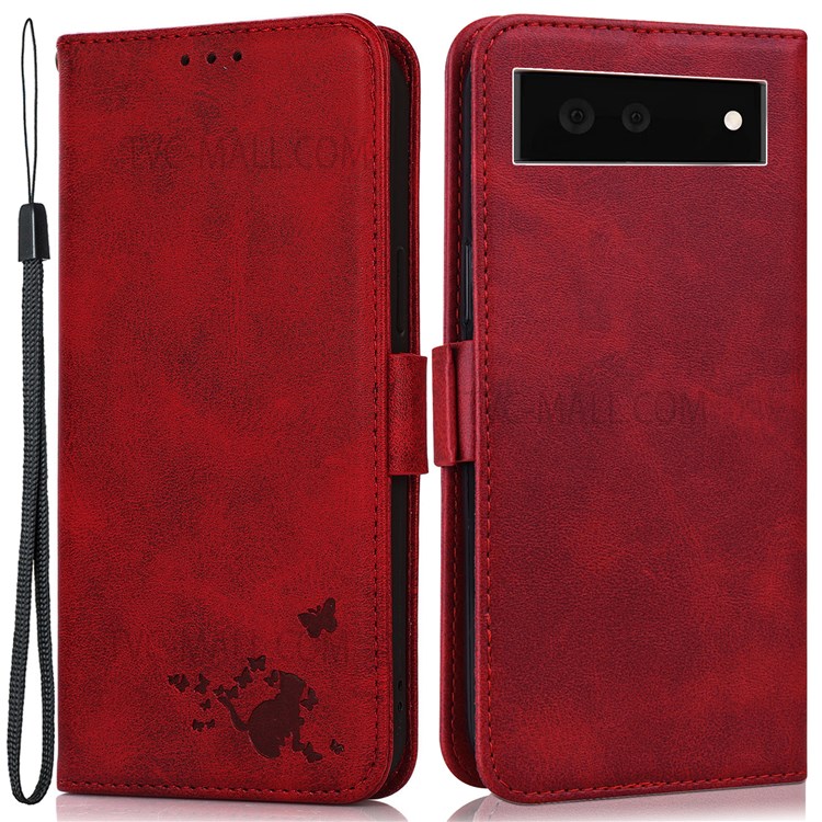 Supporting Stand Phone Covering Cute Cat Butterfly Imprinting PU Leather Wallet Phone Drop-proof Case Shell with Strap for Google Pixel 6a - Red-1