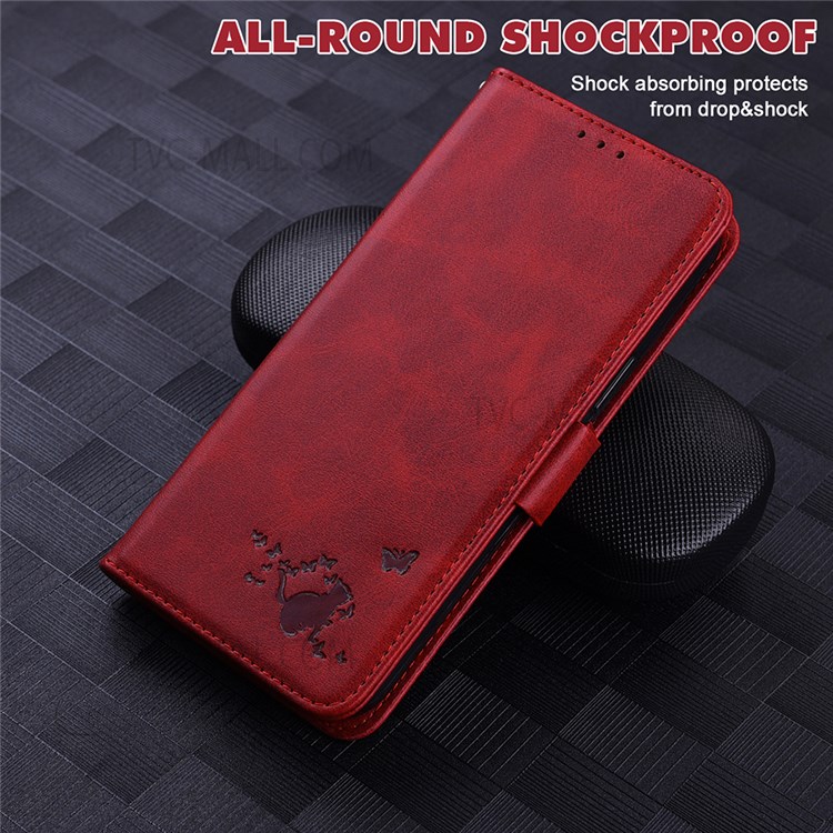 Supporting Stand Phone Covering Cute Cat Butterfly Imprinting PU Leather Wallet Phone Drop-proof Case Shell with Strap for Google Pixel 6a - Red-6