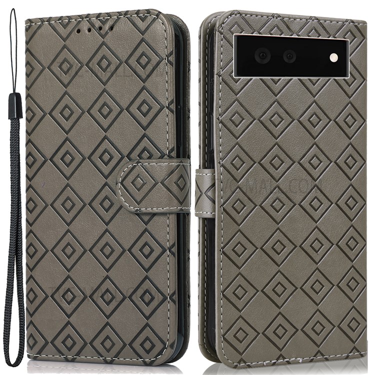 Supporting Stand Phone Cover Imprinted Grid Pattern PU Leather Flip Wallet Case with Strap for Google Pixel 6a - Grey-1