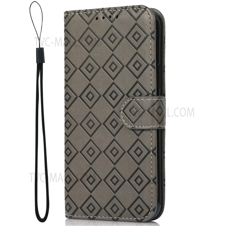 Supporting Stand Phone Cover Imprinted Grid Pattern PU Leather Flip Wallet Case with Strap for Google Pixel 6a - Grey-2