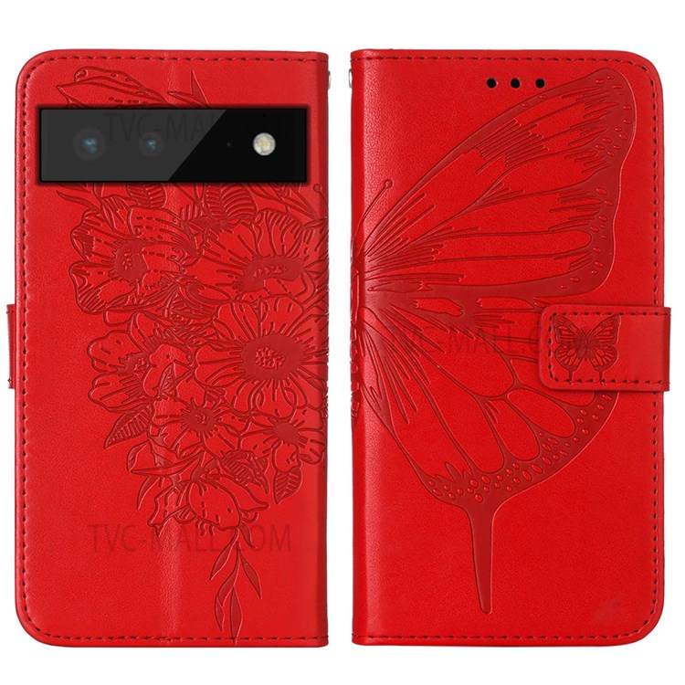 Imprinting Butterfly Flower Pattern PU Leather + TPU Phone Case Protector with Stand Wallet for Google Pixel 6 Pro - Red-1