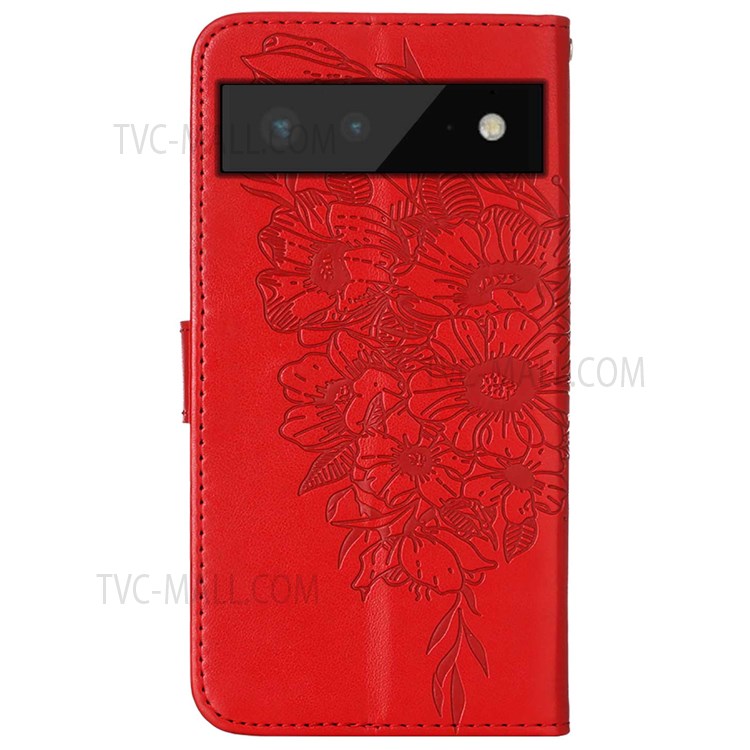 Imprinting Butterfly Flower Pattern PU Leather + TPU Phone Case Protector with Stand Wallet for Google Pixel 6 Pro - Red-3