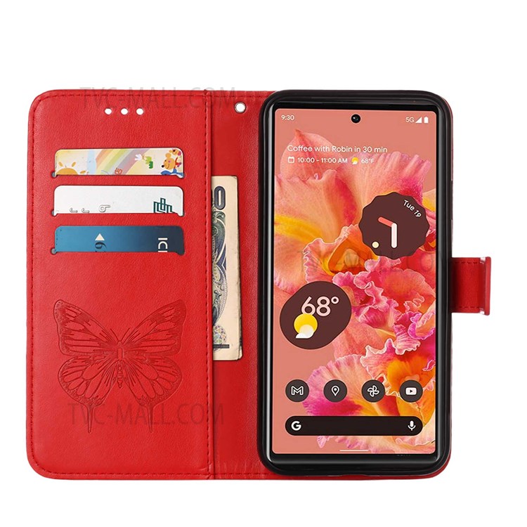Imprinting Butterfly Flower Pattern PU Leather + TPU Phone Case Protector with Stand Wallet for Google Pixel 6 Pro - Red-4