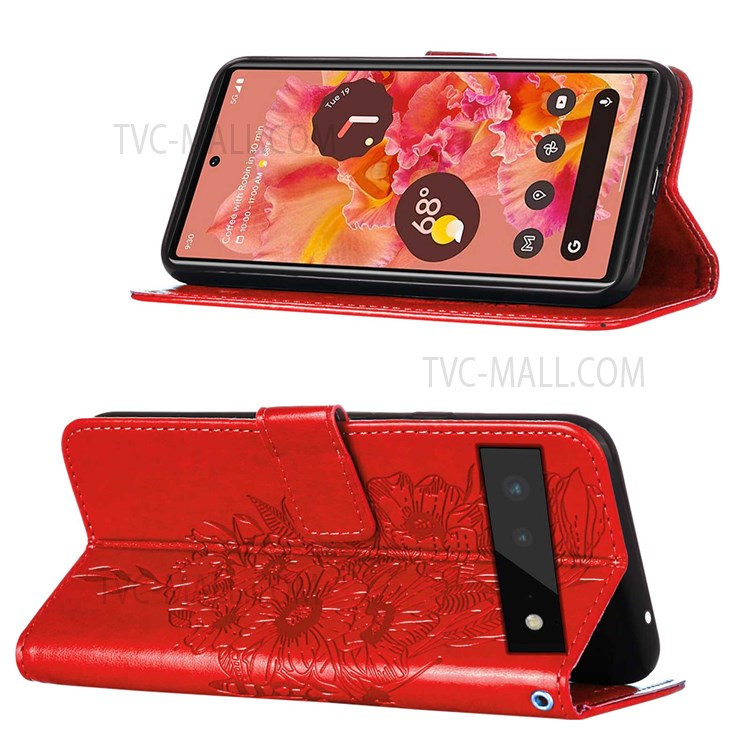 Imprinting Butterfly Flower Pattern PU Leather + TPU Phone Case Protector with Stand Wallet for Google Pixel 6 Pro - Red-5