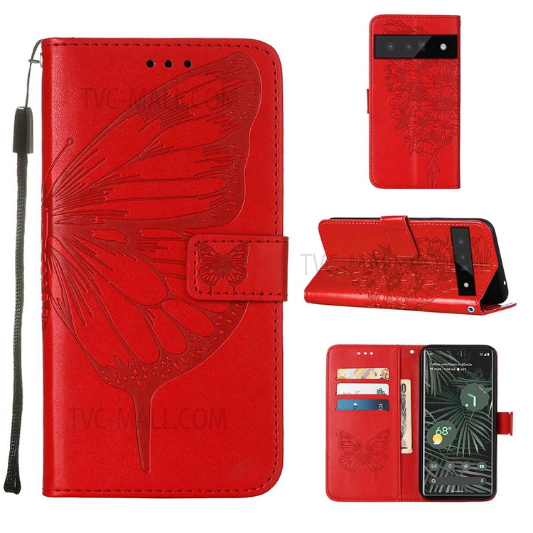 Imprinting Butterfly Flower Pattern PU Leather + TPU Phone Case Protector with Stand Wallet for Google Pixel 6 Pro - Red-6