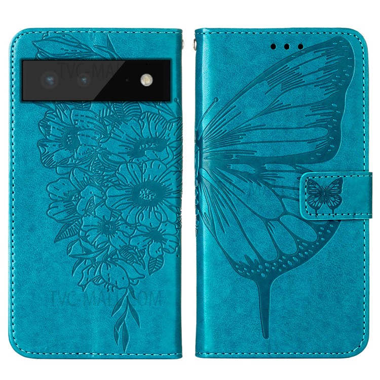 Well-protected Phone Case Imprinting Big Butterfly Flower Pattern Drop-proof PU Leather Cover with Wallet for Google Pixel 6 - Blue-1