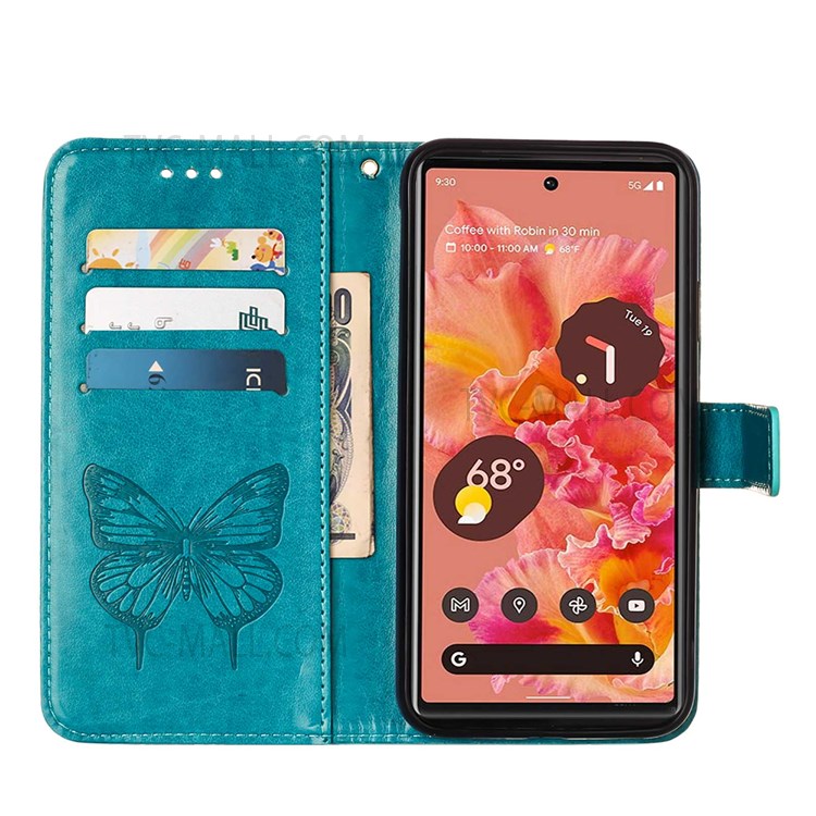 Well-protected Phone Case Imprinting Big Butterfly Flower Pattern Drop-proof PU Leather Cover with Wallet for Google Pixel 6 - Blue-4