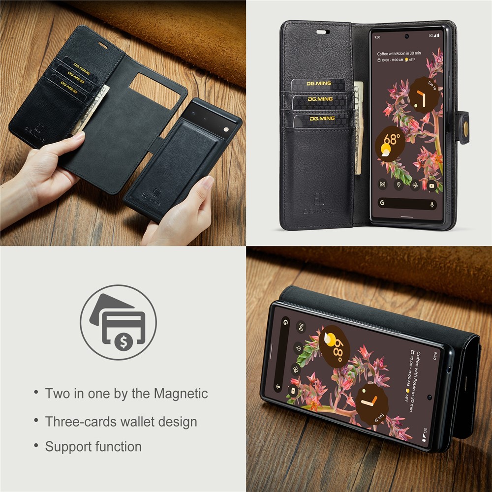 DG.MING Split Leather Cover Wallet Stand Design Detachable Magnetic Absorption Phone Case for Google Pixel 6 - Black-11