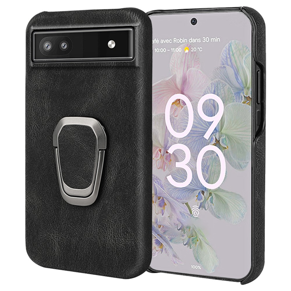 Kickstand Design Incomplete Covering Hard Cover Textured PU Leather Coated PC Back Protective Case for Google Pixel 6a - Black-1