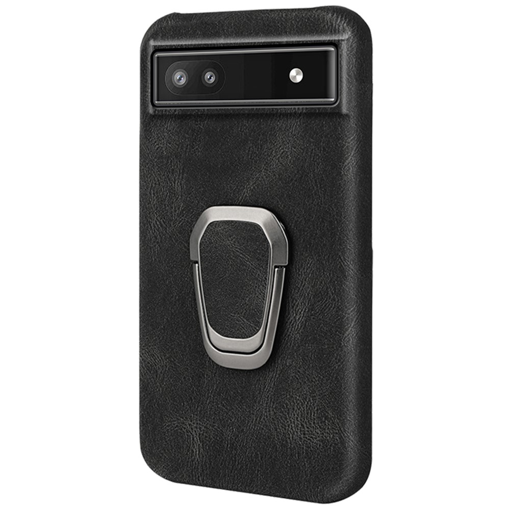 Kickstand Design Incomplete Covering Hard Cover Textured PU Leather Coated PC Back Protective Case for Google Pixel 6a - Black-2