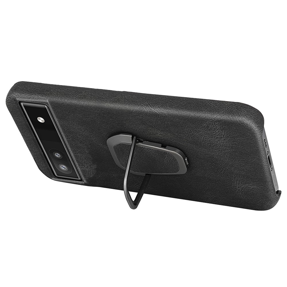 Kickstand Design Incomplete Covering Hard Cover Textured PU Leather Coated PC Back Protective Case for Google Pixel 6a - Black-3