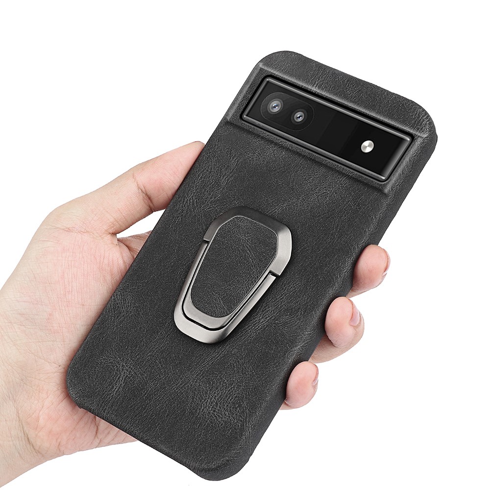 Kickstand Design Incomplete Covering Hard Cover Textured PU Leather Coated PC Back Protective Case for Google Pixel 6a - Black-5