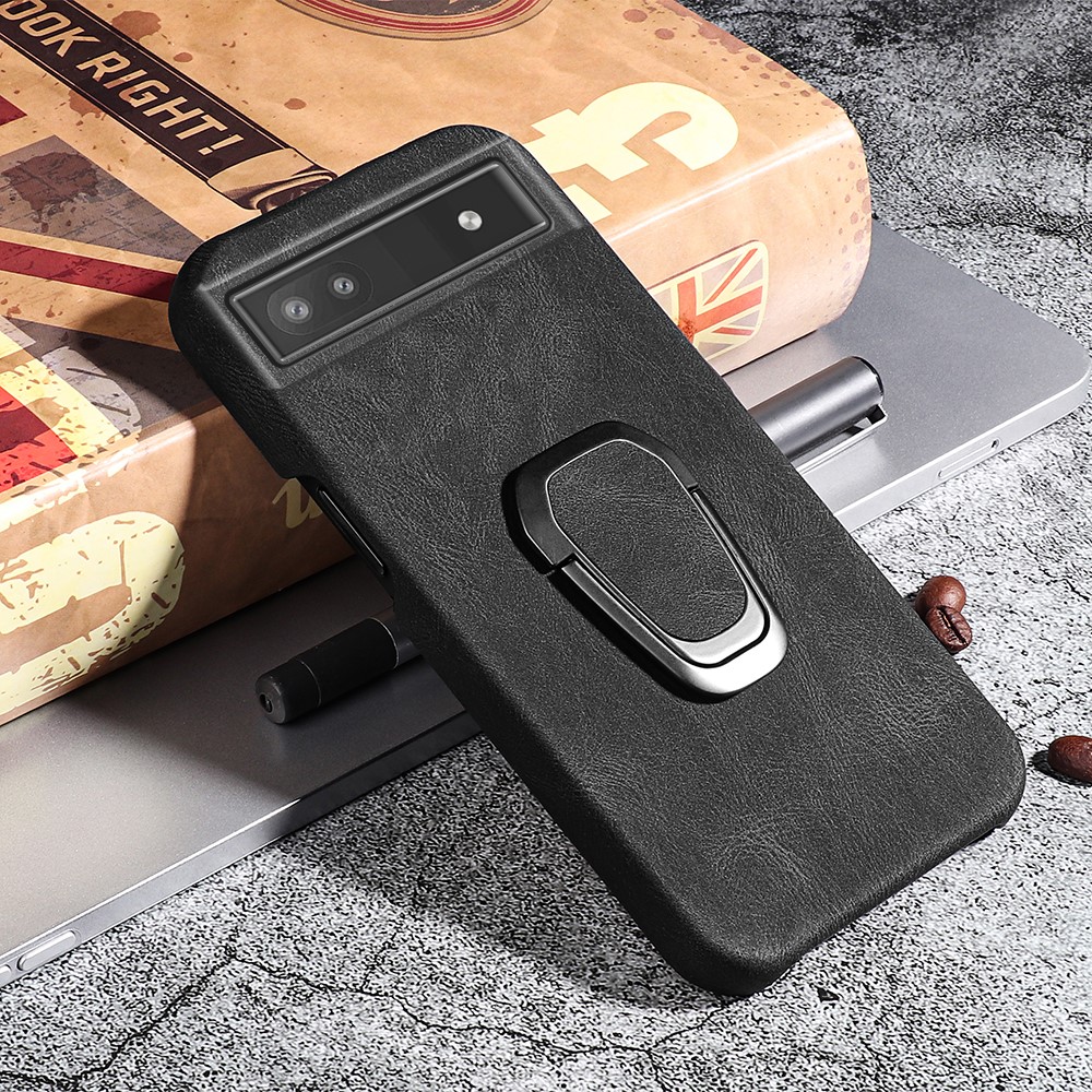 Kickstand Design Incomplete Covering Hard Cover Textured PU Leather Coated PC Back Protective Case for Google Pixel 6a - Black-6