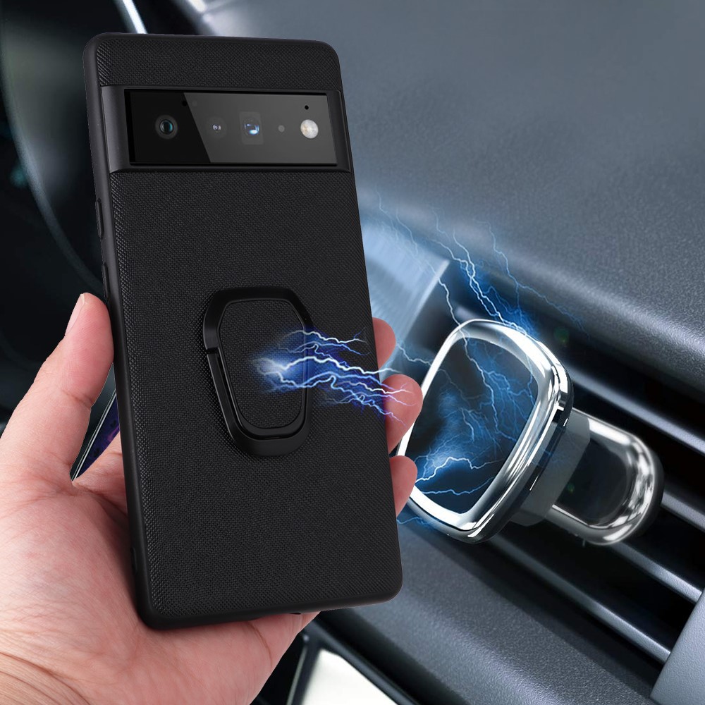 Adjustable Kickstand Design Built-in Metal Sheet PU Leather Coated TPU+PC Hybrid Cover for Google Pixel 6 Pro - Cross Texture/Black-9
