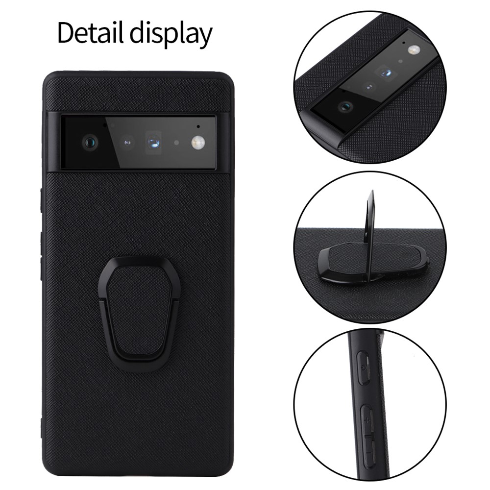 Adjustable Kickstand Design PU Leather Coated Phone Case Anti-fall Built-in Metal Sheet Cover for Google Pixel 6 - Cross Texture/Black-3