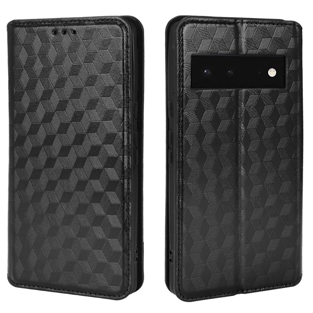 Magnetic Absorption Auto Closing Stand Wallet Phone Cover 3D Rhombus Imprinted Leather Case for Google Pixel 6 - Black-1