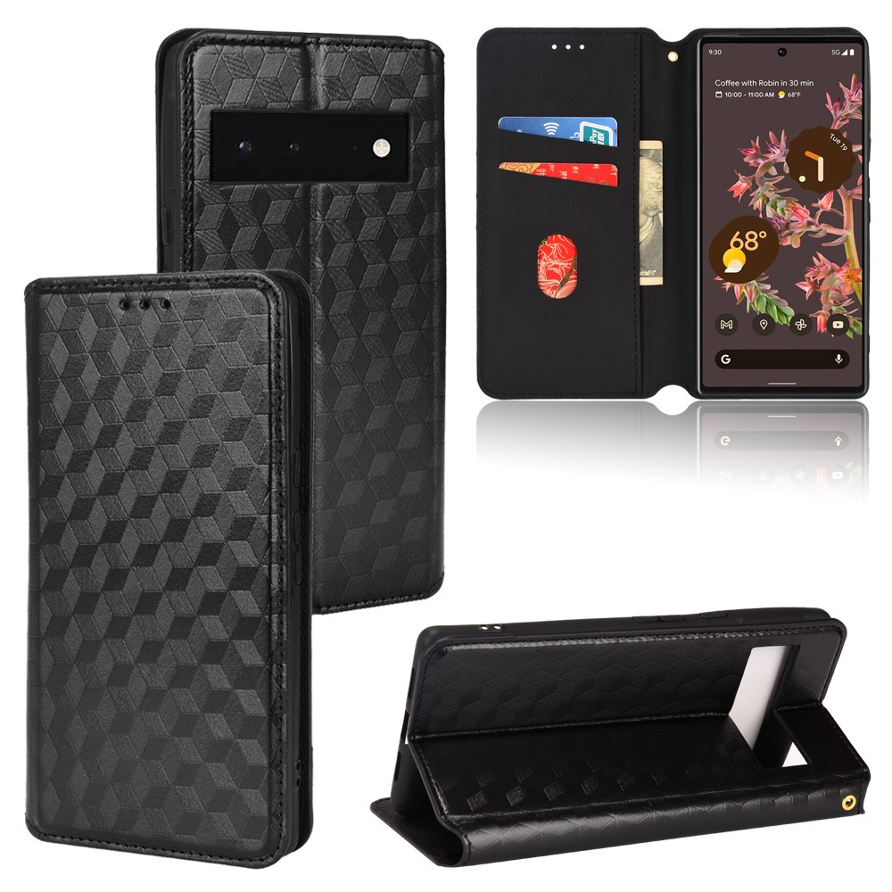 Magnetic Absorption Auto Closing Stand Wallet Phone Cover 3D Rhombus Imprinted Leather Case for Google Pixel 6 - Black-8