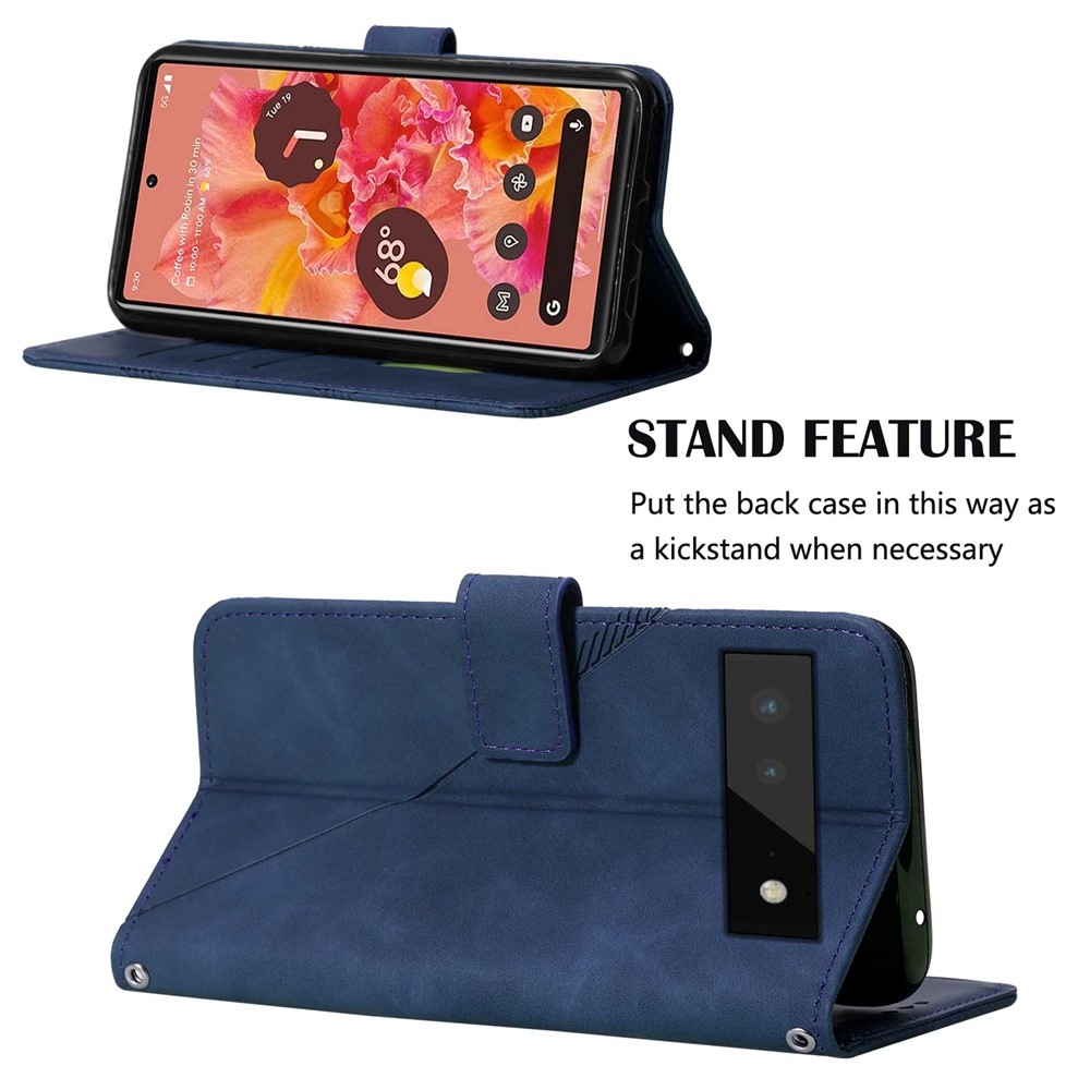 PB2 Series Dual-sided Magnetic Clasp PU Leather Imprinting Lines Wallet Stand Protective Phone Cover for Google Pixel 6 - Sapphire-5
