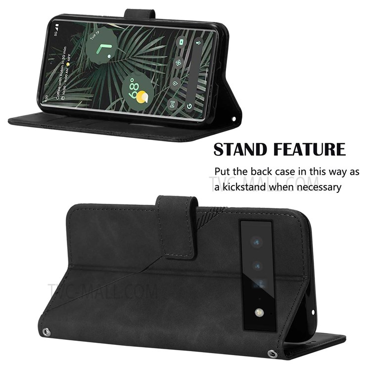 PB2 Series Lines Imprinted PU Leather Shockproof Phone Case Stand Cover with Wallet for Google Pixel 6 Pro - Black-5