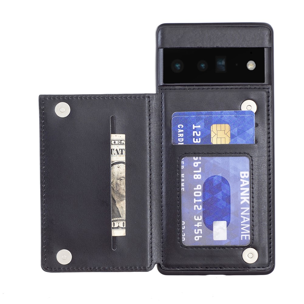 Kickstand Vintage PU Leather Coated TPU Card Slots Magnetic Shockproof Protective Cover for Google Pixel 6 Pro - Black-1