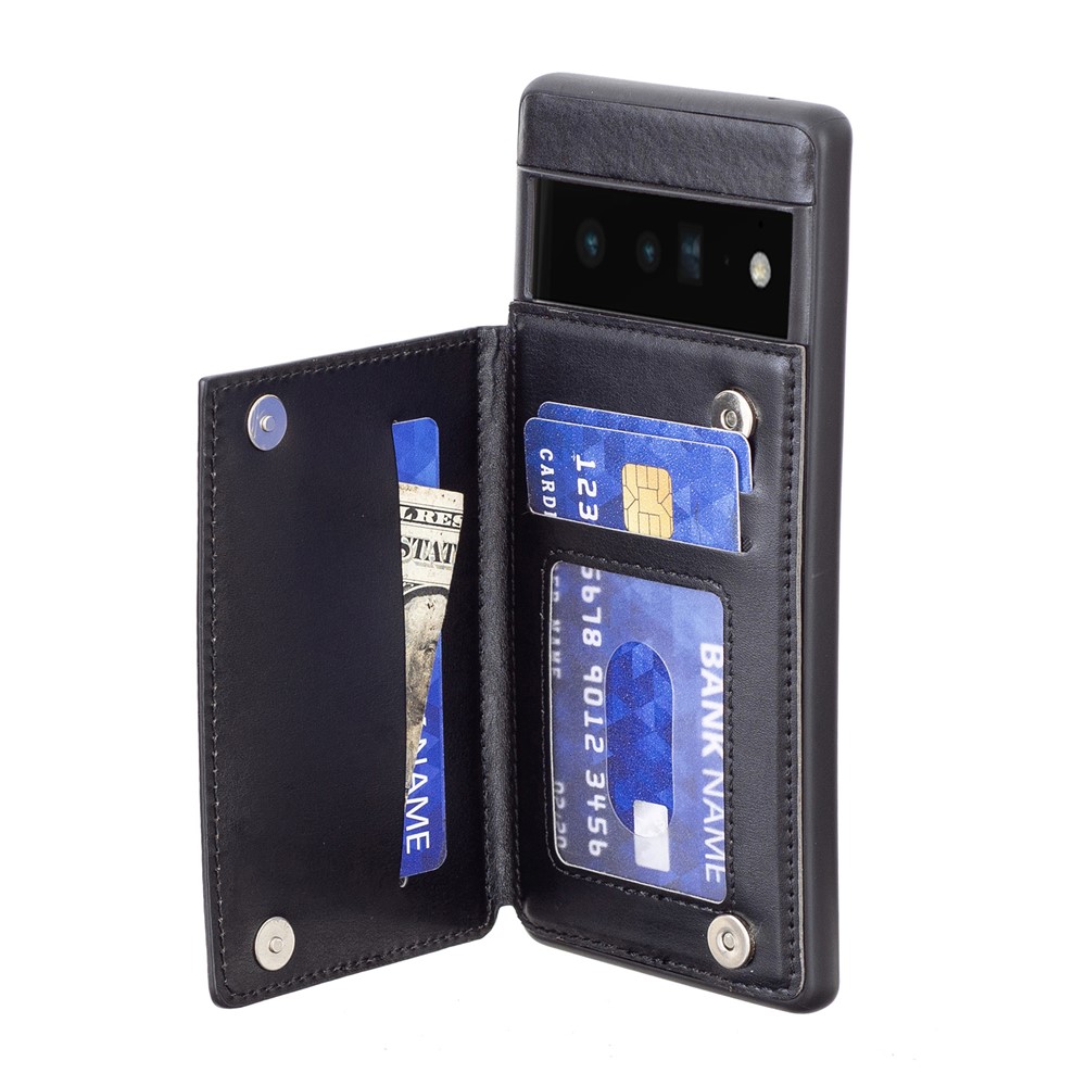 Kickstand Vintage PU Leather Coated TPU Card Slots Magnetic Shockproof Protective Cover for Google Pixel 6 Pro - Black-4