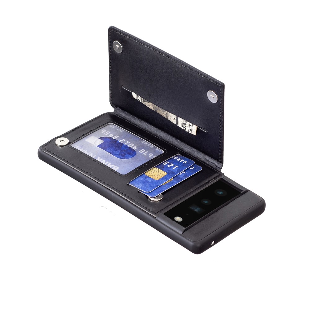 Kickstand Vintage PU Leather Coated TPU Card Slots Magnetic Shockproof Protective Cover for Google Pixel 6 Pro - Black-6