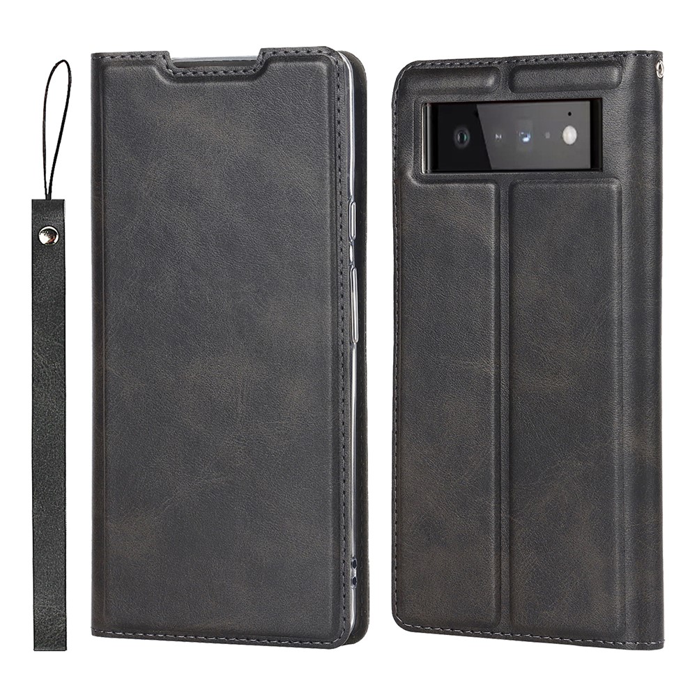For Google Pixel 6 Pro Textured PU Leather Card Holder Case Stand Magnetic Auto-absorbed Protective Cover with Strap - Black-1