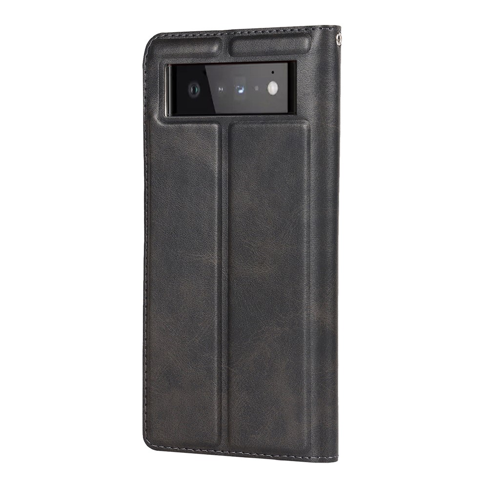 For Google Pixel 6 Pro Textured PU Leather Card Holder Case Stand Magnetic Auto-absorbed Protective Cover with Strap - Black-3