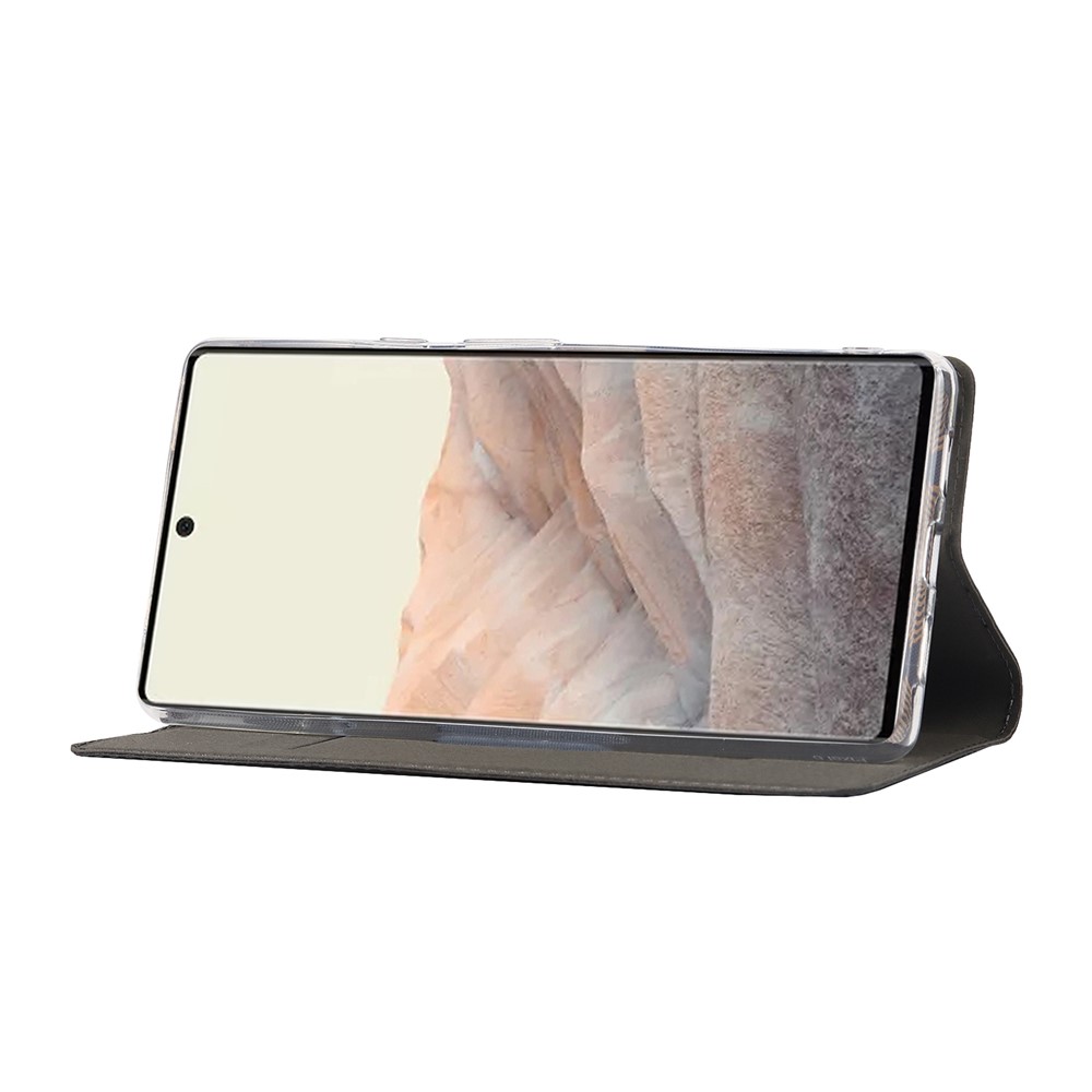 For Google Pixel 6 Pro Textured PU Leather Card Holder Case Stand Magnetic Auto-absorbed Protective Cover with Strap - Black-5
