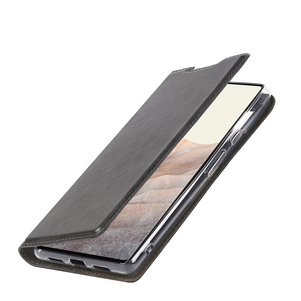 For Google Pixel 6 Pro Textured PU Leather Card Holder Case Stand Magnetic Auto-absorbed Protective Cover with Strap - Black-7