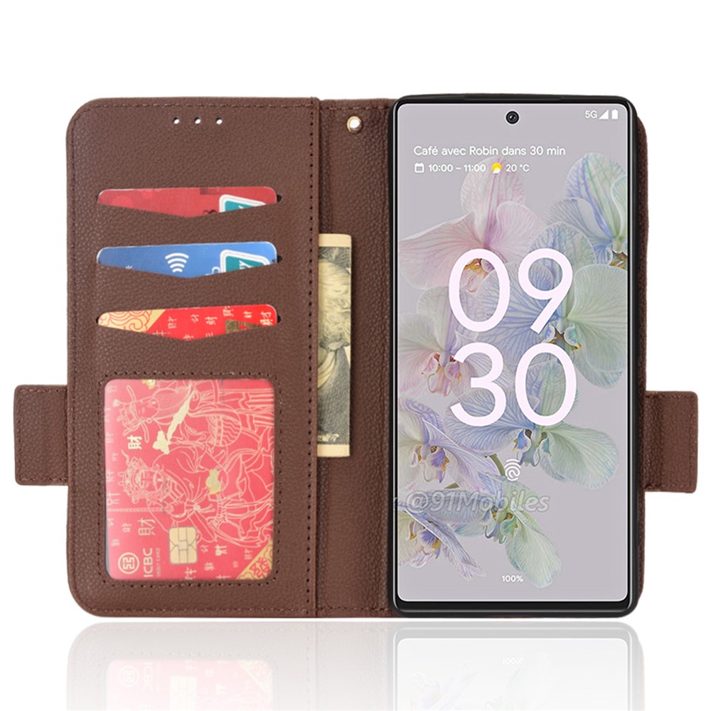 For Google Pixel 6a Phone Cover Litchi Texture PU Leather Double Magnetic Clasp Stand Function Flip Wallet Case - Brown-4