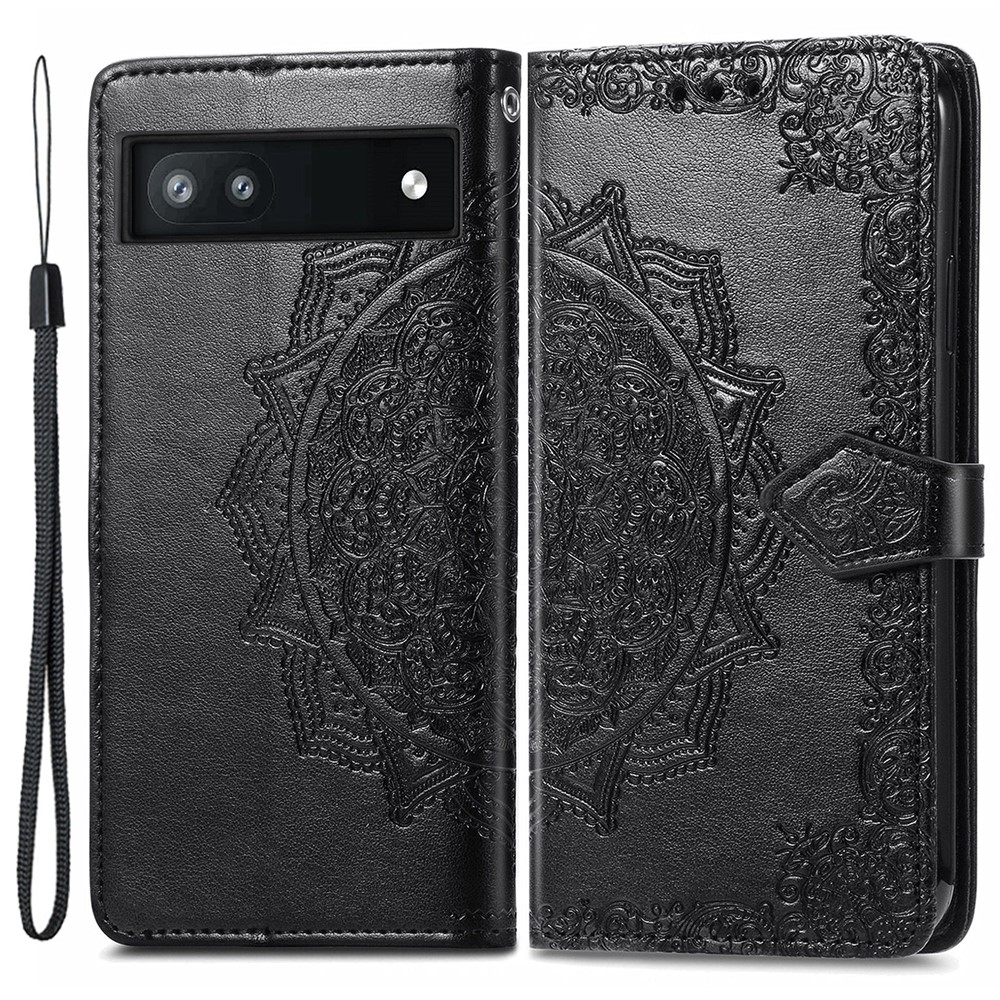 Phone Flip Cover for Google Pixel 6a Embossed Mandala Flower Soft PU Leather Wallet Cover with Strap - Black-1