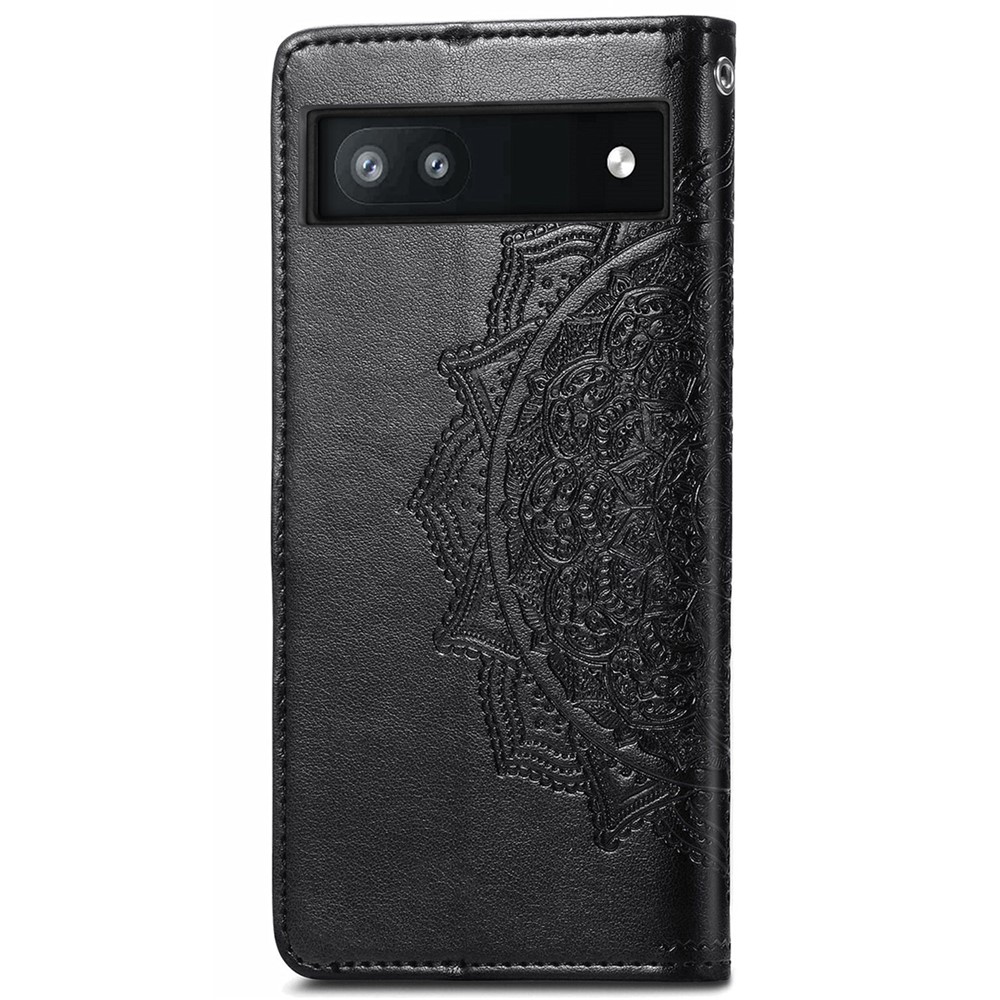 Phone Flip Cover for Google Pixel 6a Embossed Mandala Flower Soft PU Leather Wallet Cover with Strap - Black-3