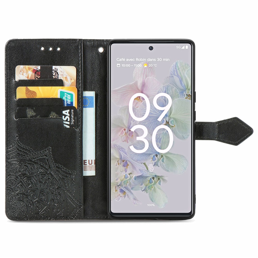 Phone Flip Cover for Google Pixel 6a Embossed Mandala Flower Soft PU Leather Wallet Cover with Strap - Black-4