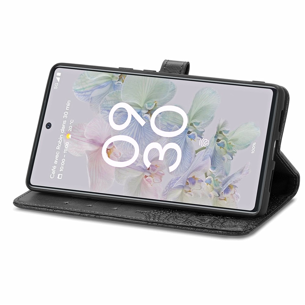 Phone Flip Cover for Google Pixel 6a Embossed Mandala Flower Soft PU Leather Wallet Cover with Strap - Black-5