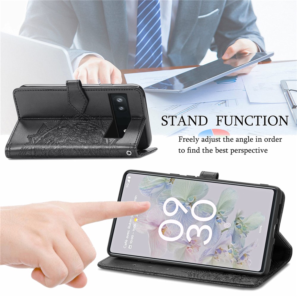 Phone Flip Cover for Google Pixel 6a Embossed Mandala Flower Soft PU Leather Wallet Cover with Strap - Black-6