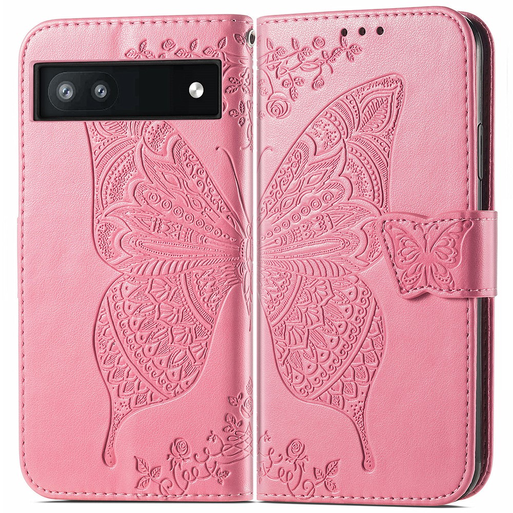 For Google Pixel 6a Butterfly Flower Imprinted PU Leather Wallet Flip Case with Stand and Strap - Pink-1