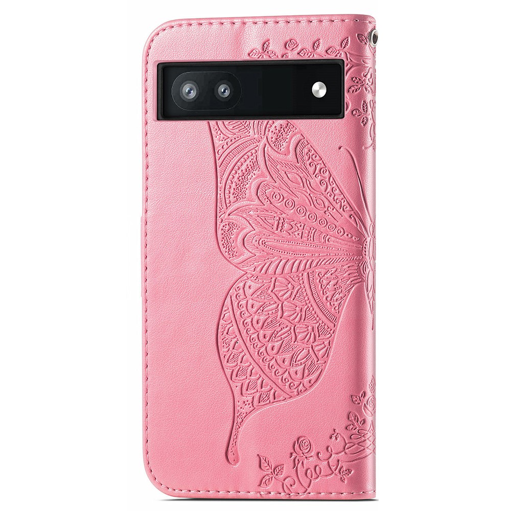 For Google Pixel 6a Butterfly Flower Imprinted PU Leather Wallet Flip Case with Stand and Strap - Pink-3