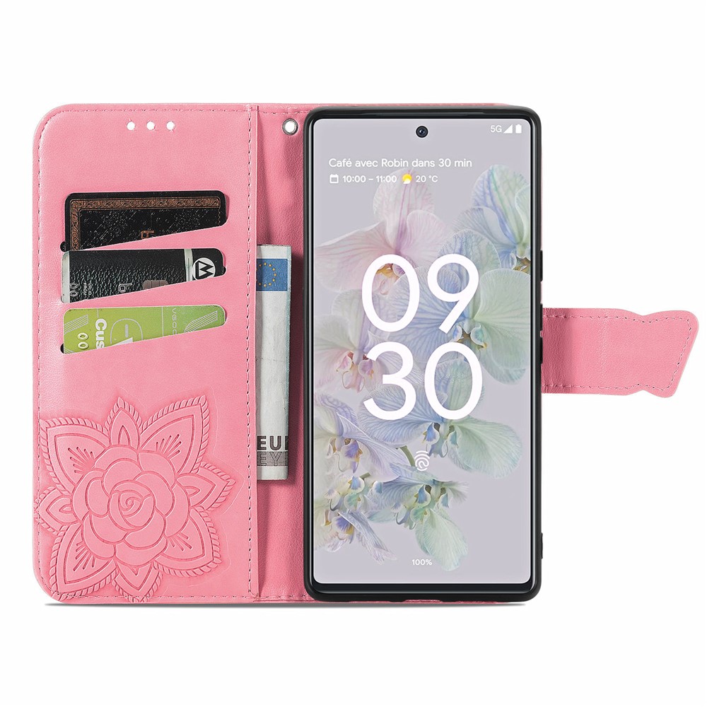 For Google Pixel 6a Butterfly Flower Imprinted PU Leather Wallet Flip Case with Stand and Strap - Pink-4