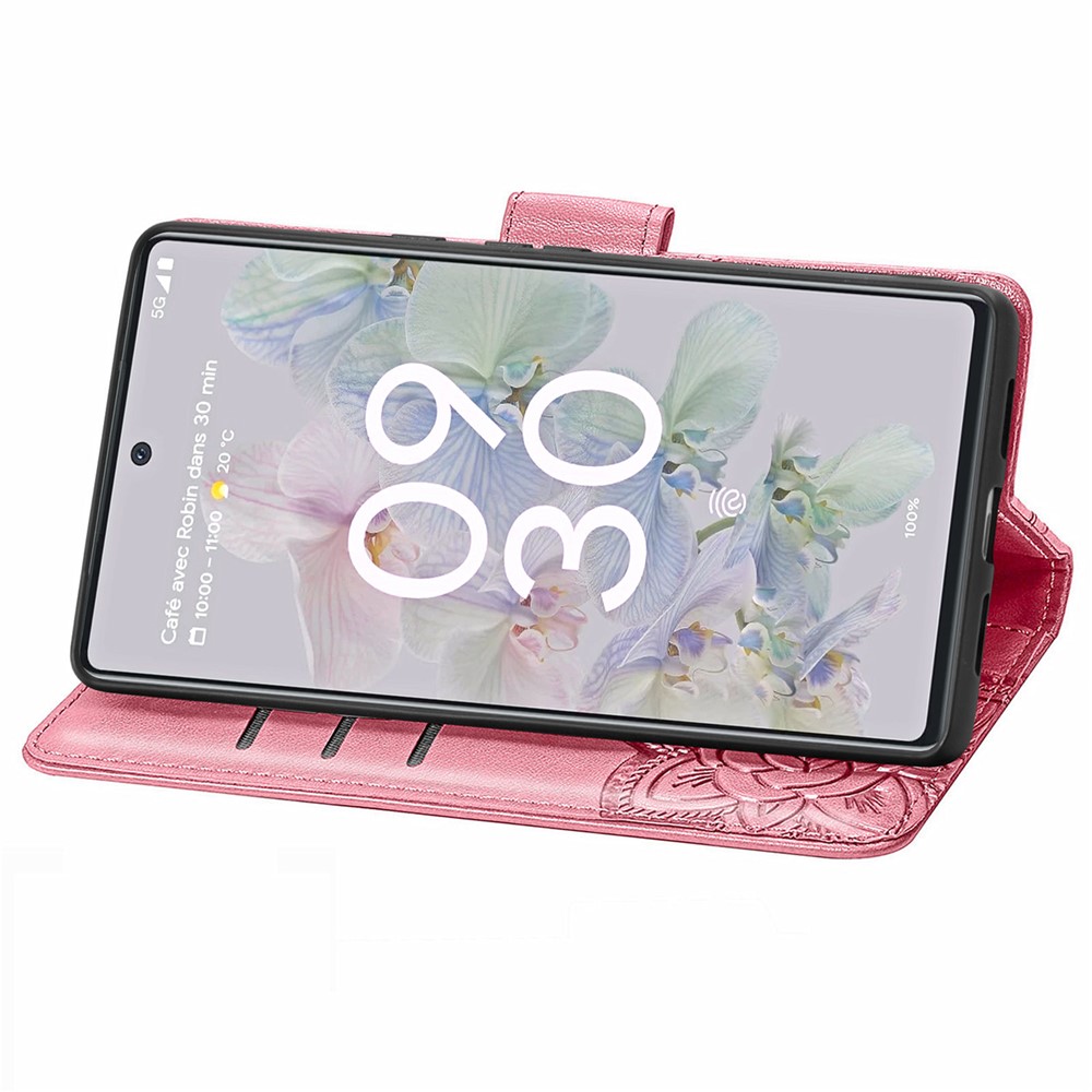 For Google Pixel 6a Butterfly Flower Imprinted PU Leather Wallet Flip Case with Stand and Strap - Pink-5
