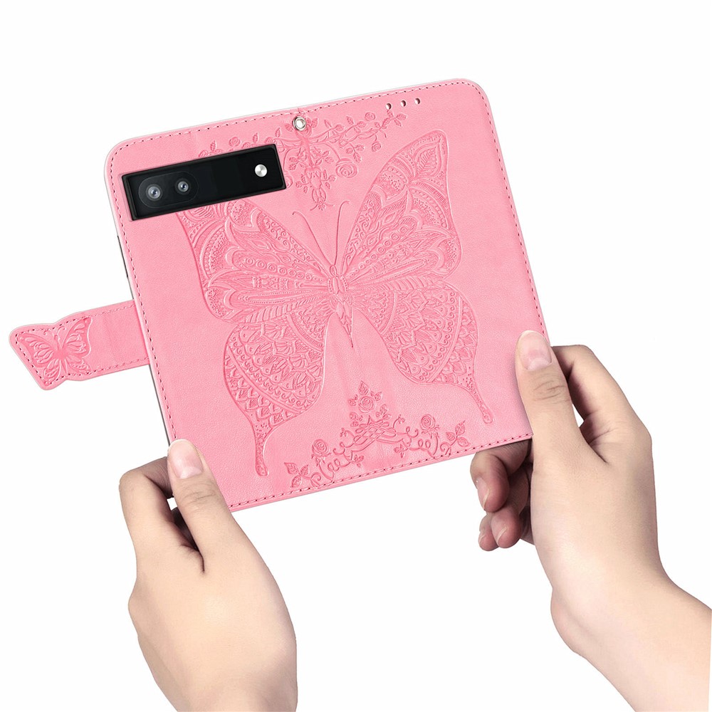 For Google Pixel 6a Butterfly Flower Imprinted PU Leather Wallet Flip Case with Stand and Strap - Pink-6