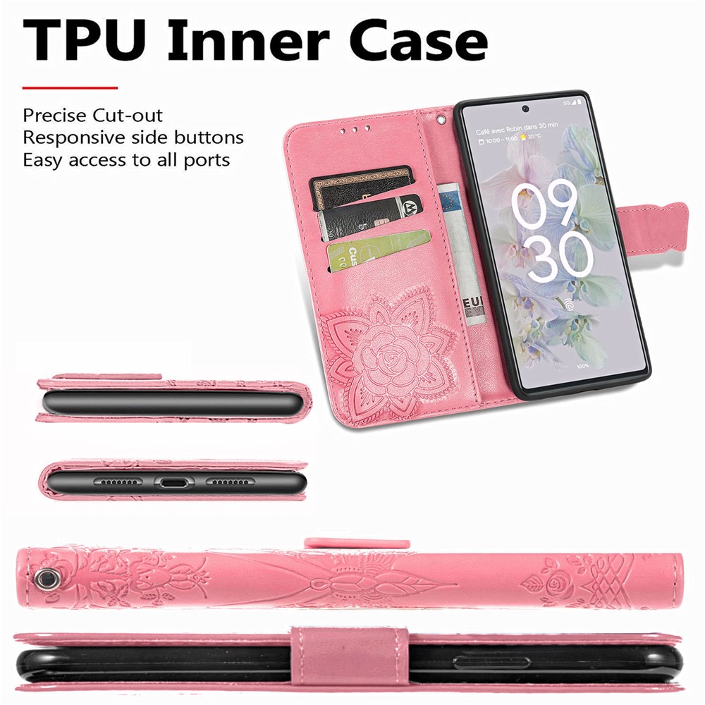 For Google Pixel 6a Butterfly Flower Imprinted PU Leather Wallet Flip Case with Stand and Strap - Pink-7