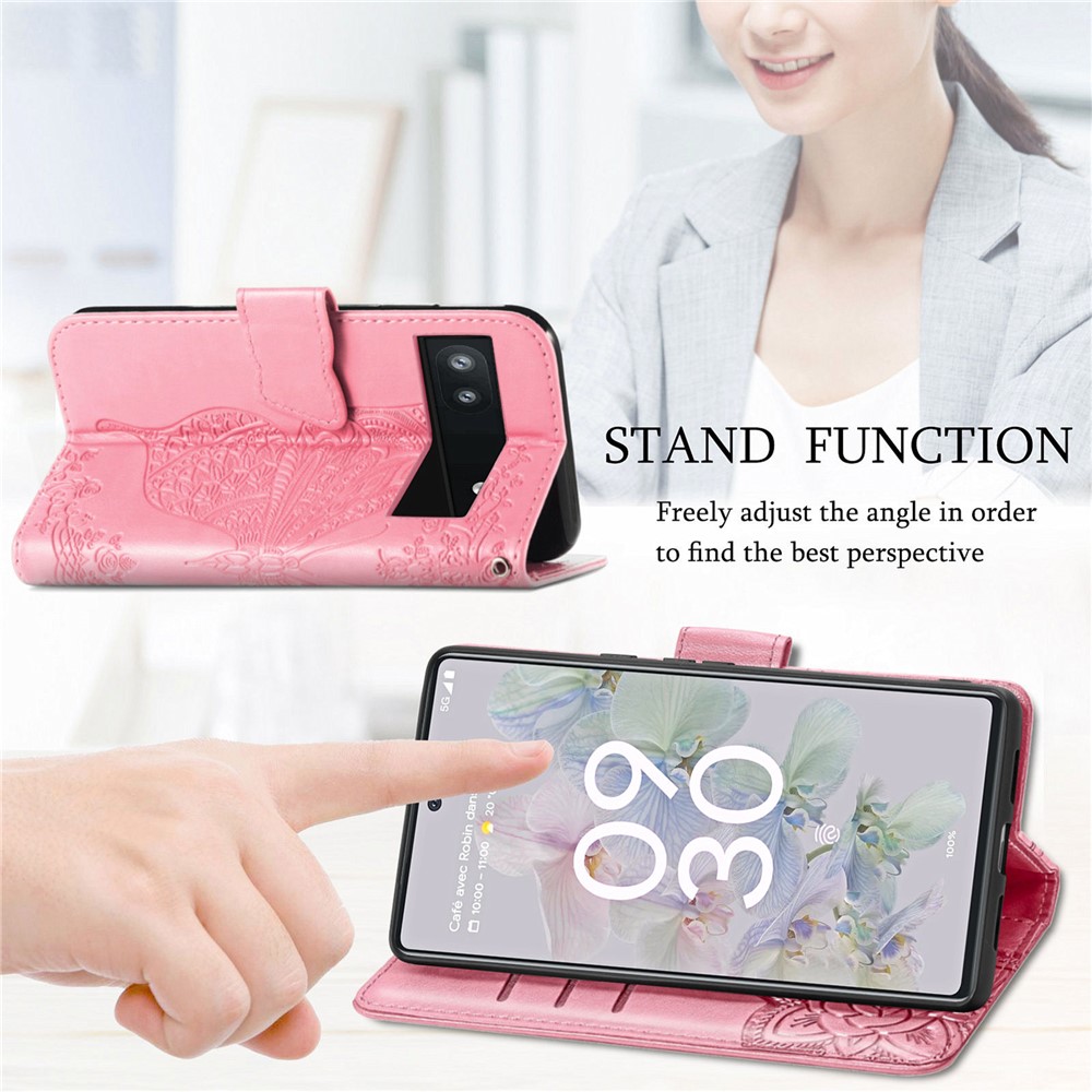 For Google Pixel 6a Butterfly Flower Imprinted PU Leather Wallet Flip Case with Stand and Strap - Pink-8