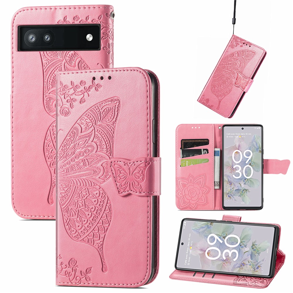 For Google Pixel 6a Butterfly Flower Imprinted PU Leather Wallet Flip Case with Stand and Strap - Pink-9